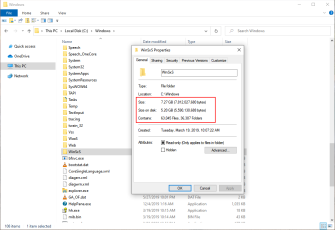 حجم المجلد winsxs في Windows10