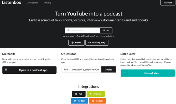 يقوم ListenBox بتحويل مقاطع الفيديو والقنوات وقوائم التشغيل على YouTube إلى موجز RSS للبودكاست