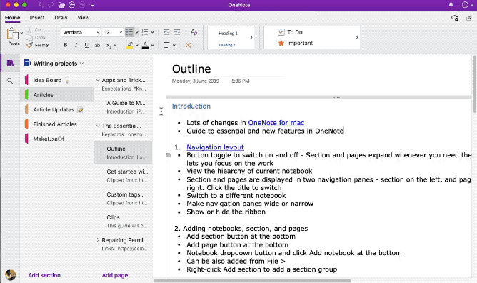 تبديل جزء التنقل في OneNote Mac