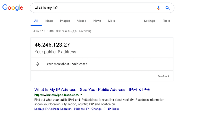 لقطة شاشة لسؤال google عن بروتوكول الإنترنت الخاص بي