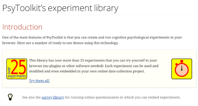 يستضيف PsyToolkit 25 اختبارًا إدراكيًا مجانيًا وتجاربًا نفسية على الإنترنت