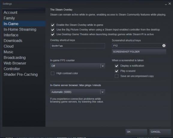 إعدادات Steam داخل اللعبة