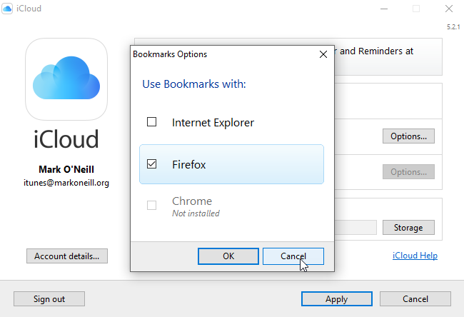 لقطة شاشة لخيارات الإشارات المرجعية الخاصة بـ iCloud