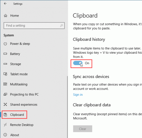 تمكين سجل الحافظة باستخدام إعدادات الكمبيوتر في نظام التشغيل Windows 10