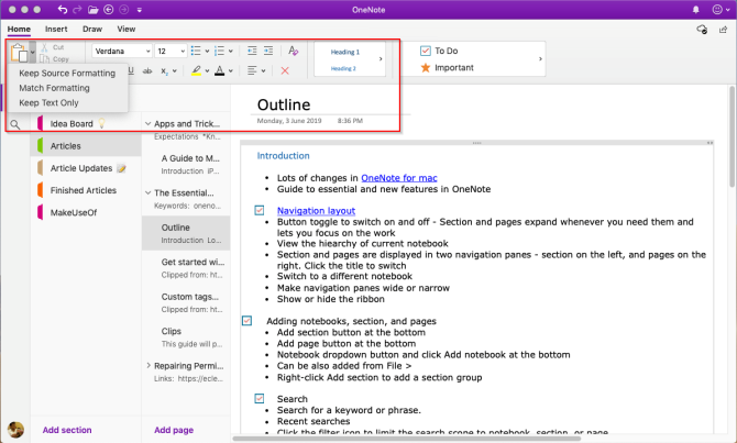 أدوات التنسيق في OneNote Mac