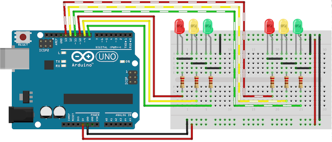 مخطط Cricuit لإشارات المرور Arduino مع تقاطع