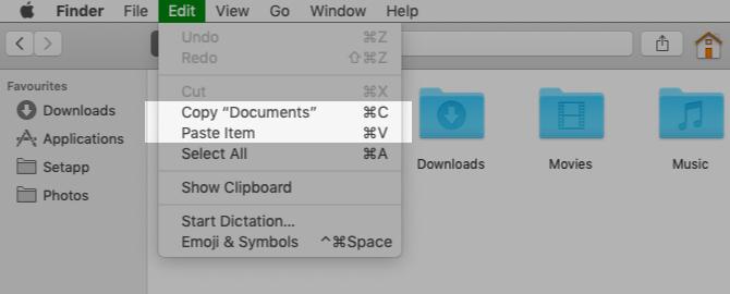 نسخ ولصق خيارات القائمة في Finder على Mac