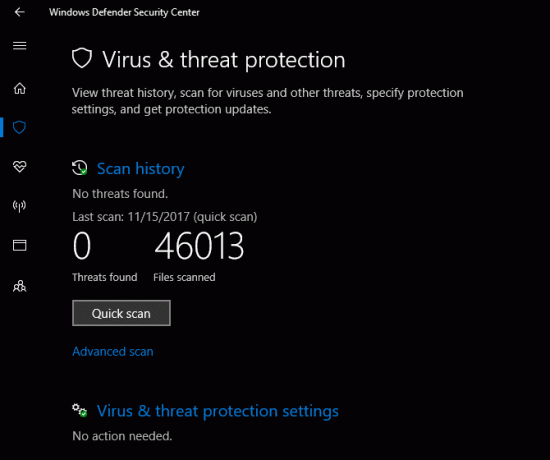 Windows Defender Security Center الحماية من الفيروسات والمخاطر