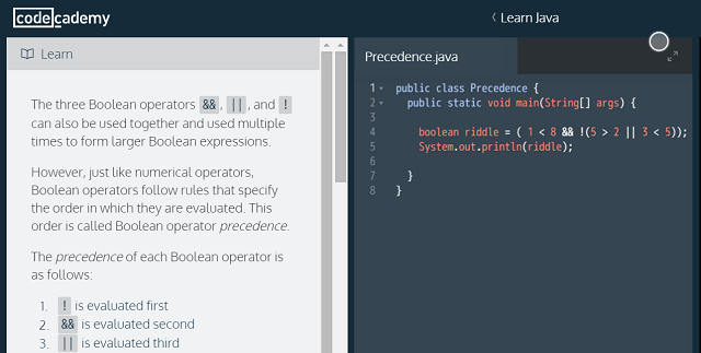 Codecademy java code example