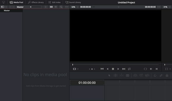 HitFilm Express مقابل DaVinci Resolve - DaVinci Resolve النافذة الرئيسية