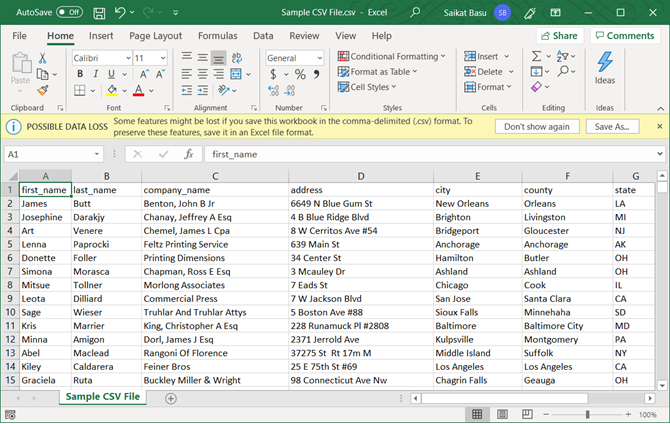 تم فتح ملف CSV في Excel