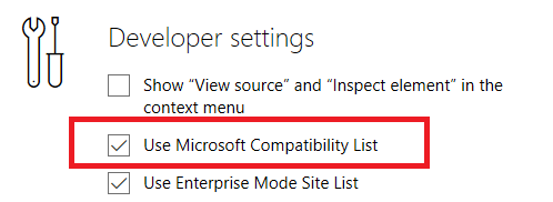إعدادات Microsoft edge - قم بتعطيل قائمة توافق Microsoft