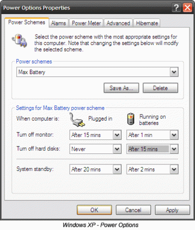 20 طرق لزيادة عمر بطارية الكمبيوتر المحمول windows xp خيارات الطاقة