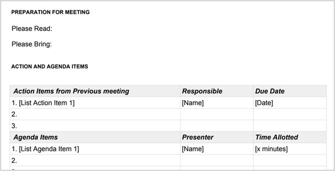 نموذج جدول أعمال اجتماع مستندات Google