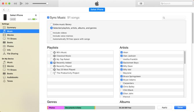 مزامنة موسيقى محددة مع iTunes