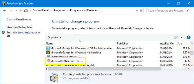 البرامج والميزات على Windows 10
