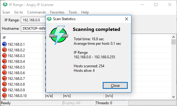 اكتمل مسح Angry IP Scanner