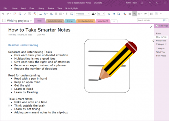 الخطوط العريضة في OneNote 2016