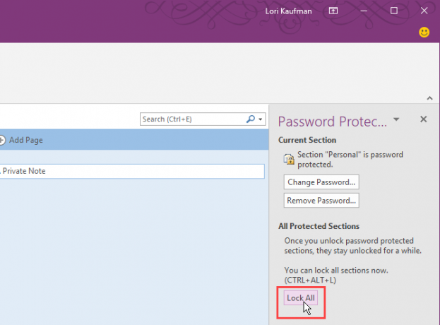 انقر فوق تأمين الكل في OneNote 2016