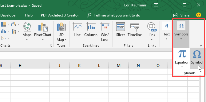 انقر فوق الرموز في علامة التبويب "إدراج" في Excel