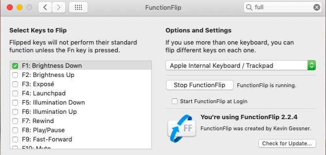 جزء الإعدادات لتطبيق FunctionFlip على نظام macOS