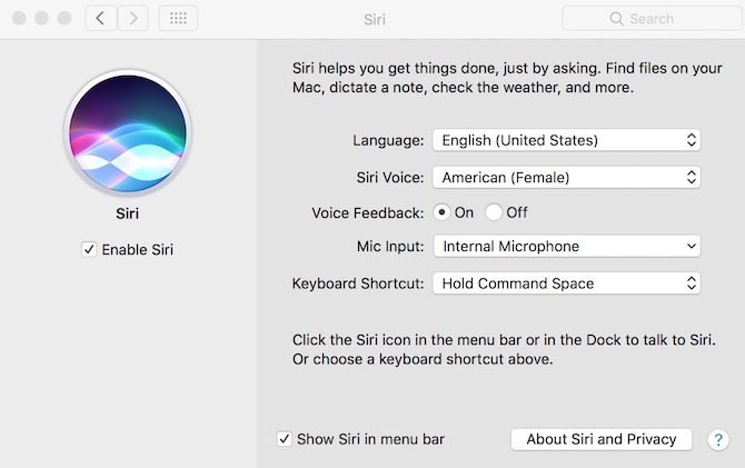 إعدادات Siri على macOS Sierra