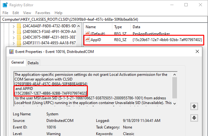 خطأ dcom 10016 نوافذ التسجيل تطابق APPID