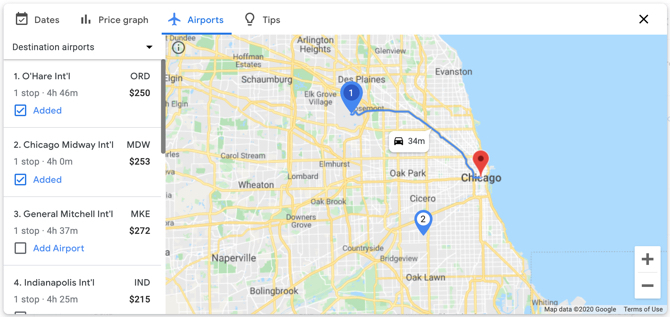 Google Flights المطارات القريبة