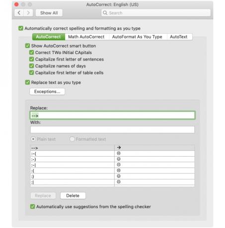 إعدادات التصحيح التلقائي Mac