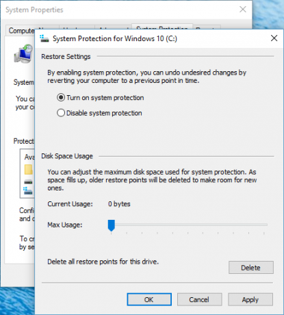 حماية النظام Windows 10