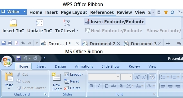 WPS- أوفيس- مراجع- علامات تبويب- كاتب- MS-Office-Ribbon- مقارنة
