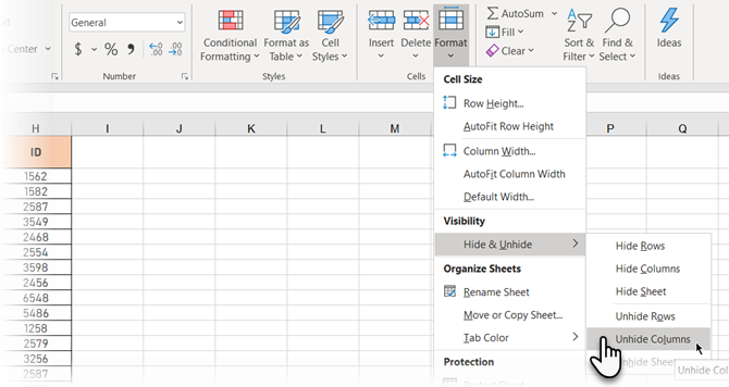إظهار الأعمدة من الشريط في Excel