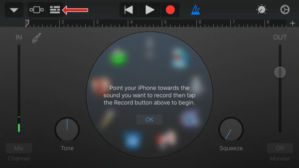 شاشة تسجيل الصوت GarageBand التطبيق