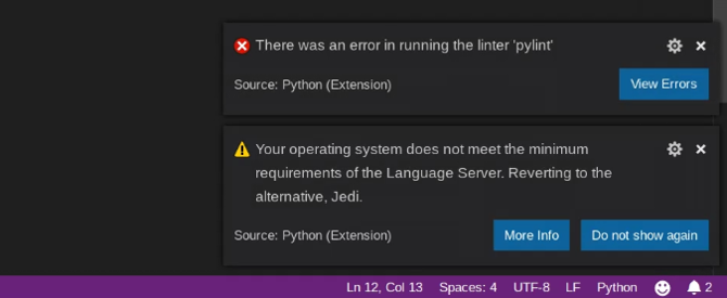 أخطاء Python Extension في Code-OSS