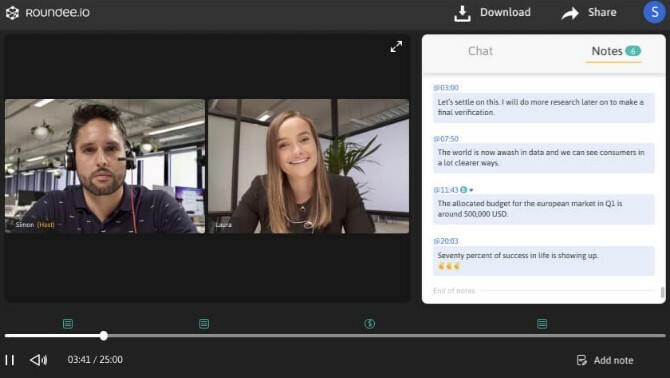 تقوم Roundee بتسجيل مكالمات الفيديو الجماعية وتتيح لك إضافة ملاحظات ذات طابع زمني لدقائق الاجتماع