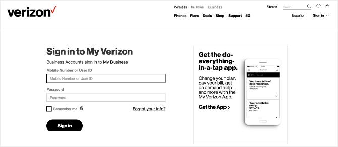 شعار الصفحة الرئيسية لـ Verizon