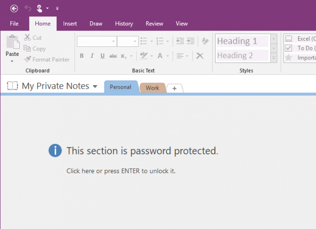 هذا القسم محمي في OneNote 2016