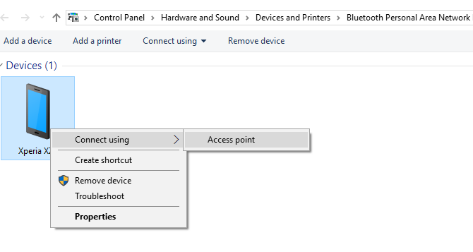 الاتصال بنقطة وصول ربط Android عبر Bluetooth في Windows 10