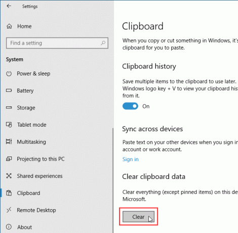 امسح محفوظات الحافظة باستخدام إعدادات الكمبيوتر في نظام التشغيل Windows 10