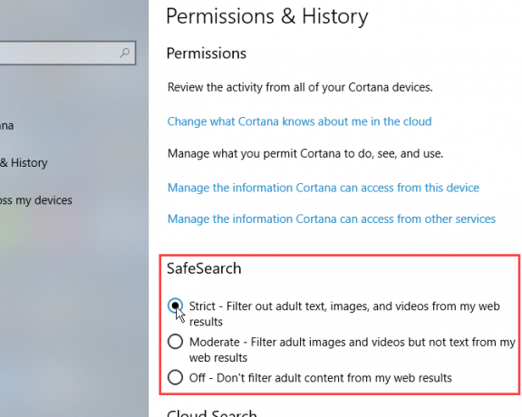 إعدادات Cortana SafeSearch