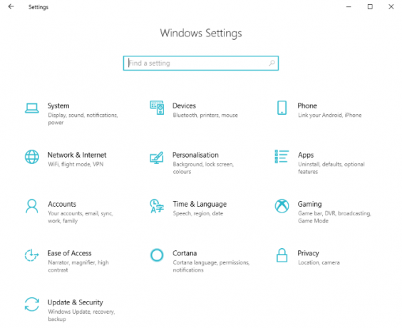 شاشة إعدادات Windows 10