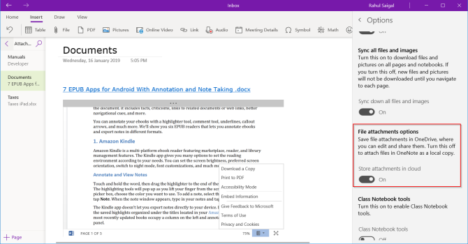 سحابة مرفق في OneNote لنظام التشغيل Windows 10