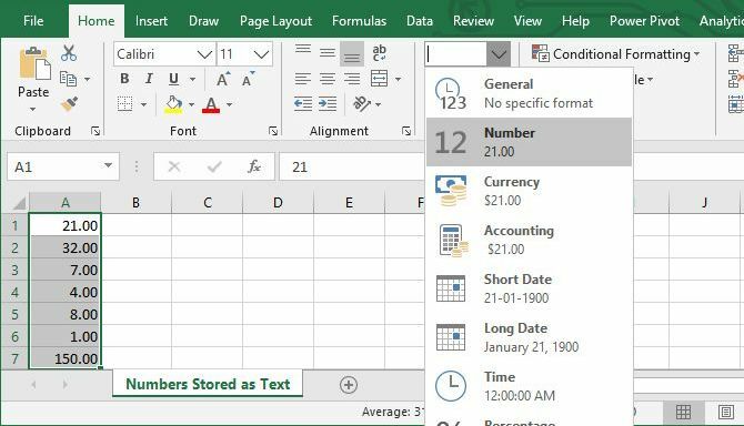 تحويل النص إلى رقم في Excel عن طريق قائمة الشريط.