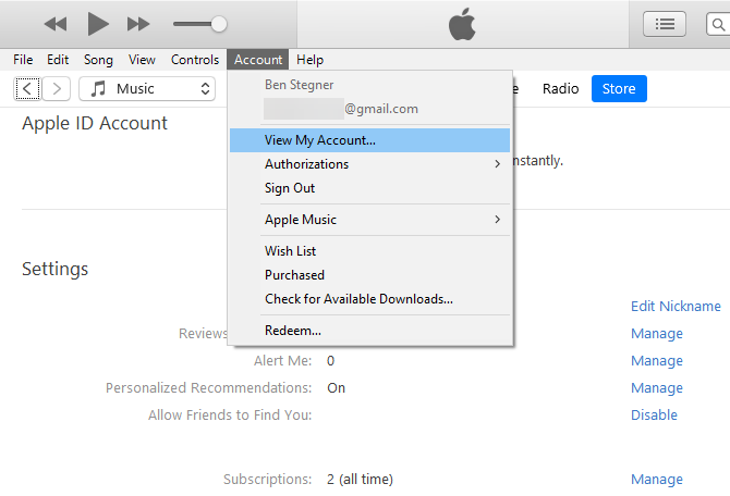 iTunes Windows إدارة الاشتراكات