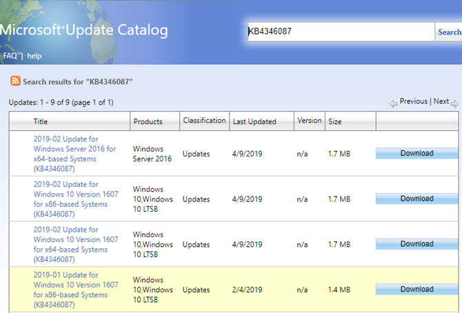 بحث كتالوج Windows Update