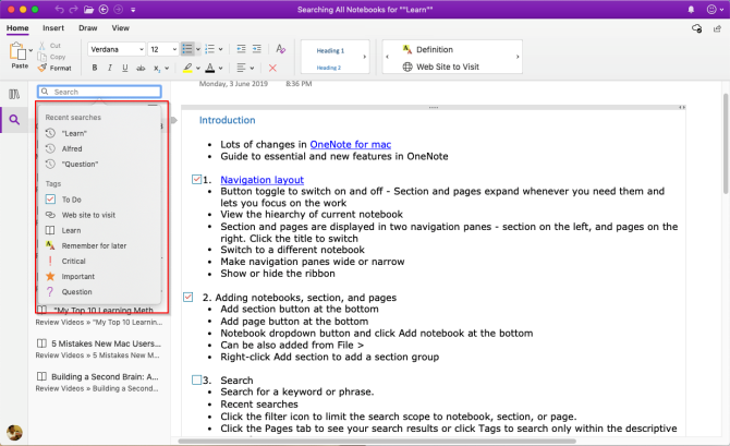ملاحظات البحث في OneNote Mac