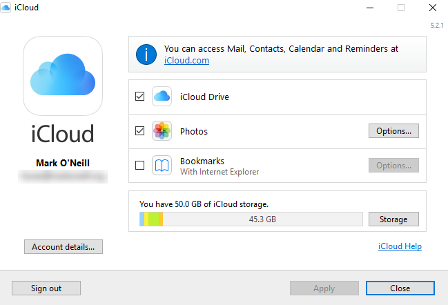 لقطة شاشة إعدادات لوحة تحكم iCloud