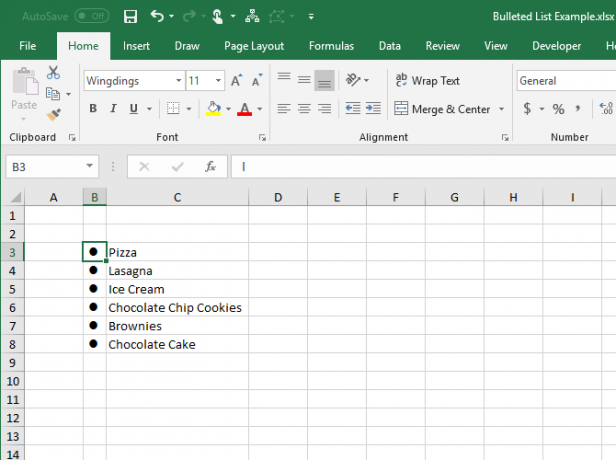 إنشاء قائمة ذات تعداد نقطي في Excel باستخدام الخط Wingdings