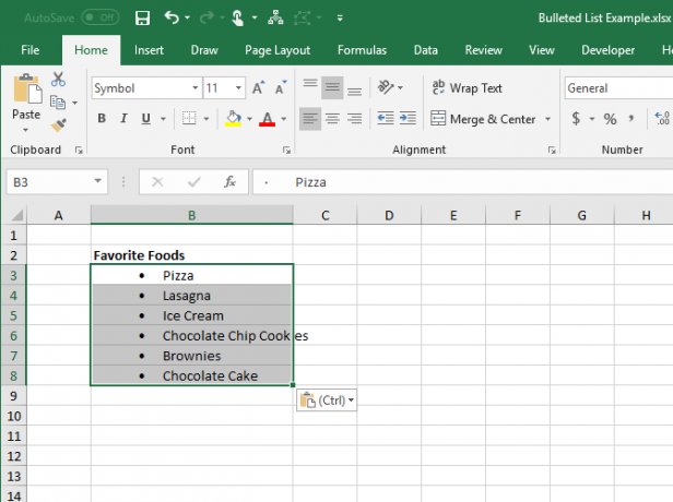 قائمة نقطية نسخ من Word إلى خلايا متعددة في Excel