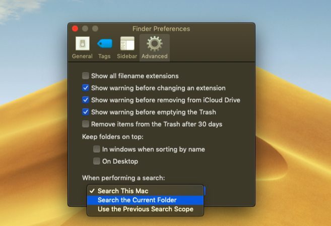 تعيين خيارات البحث المخصصة في macOS Finder